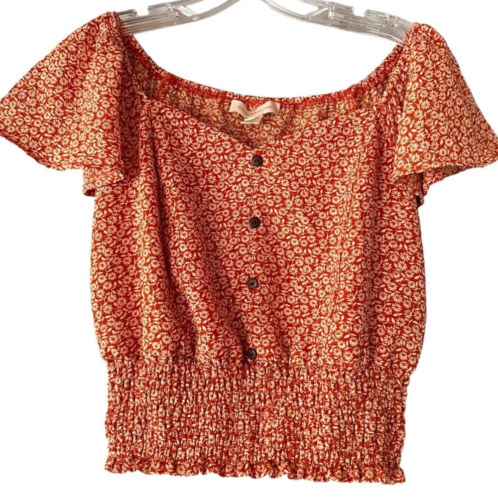Monteau Ditsy Print Peasant Blouse M Floral Cottage Coquette Off Shoulder Crop